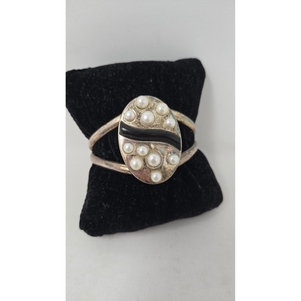 Vintage Desert Rose Jay King 925 Sterling Silver Pearl Black‎ Onyx Cuff 45.9g